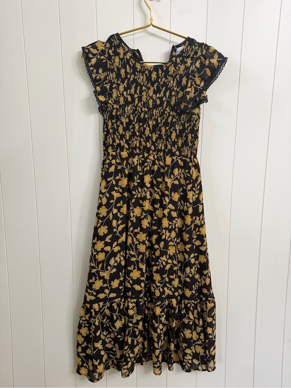 Lost + Wander Black and Yellow Floral Midi Dress cap sleeve wedding guest